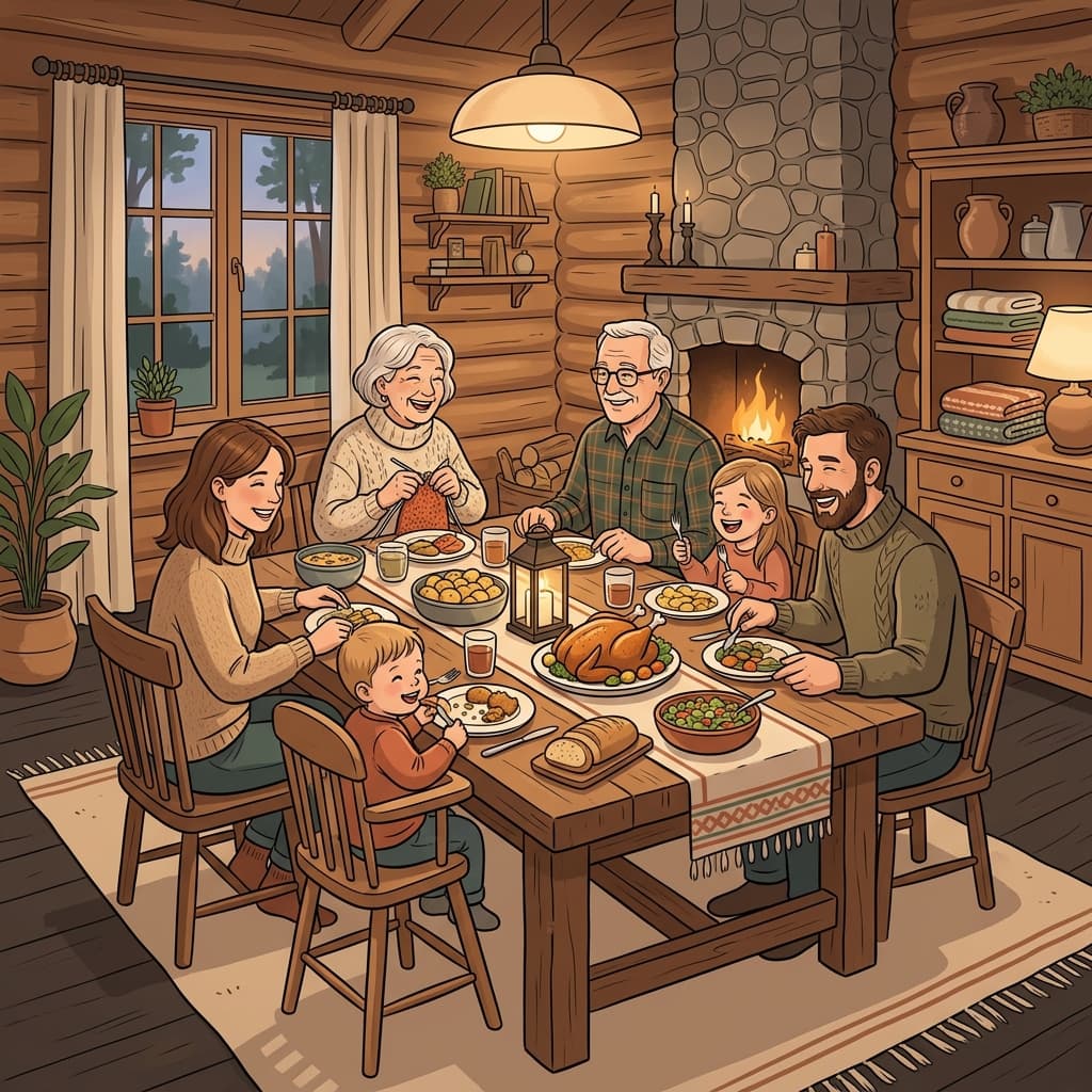 Cozy family gatherings around a dining table inside a rustic log cabin
